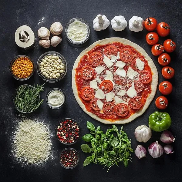 Una pizza sin hornear rodeada de sus ingredientes frescos