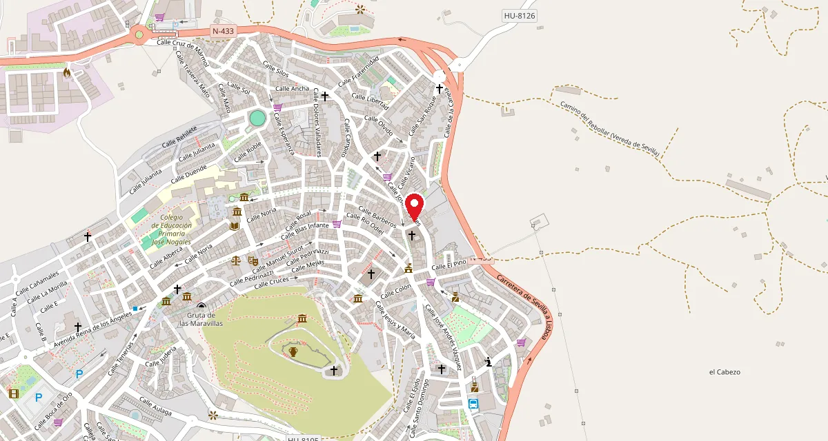 Plano de Aracena con la pizzería señalada en C. José Nogales, 36